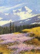 Stanislaw Witkiewicz Crocuses with snowy mountains in the background oil painting